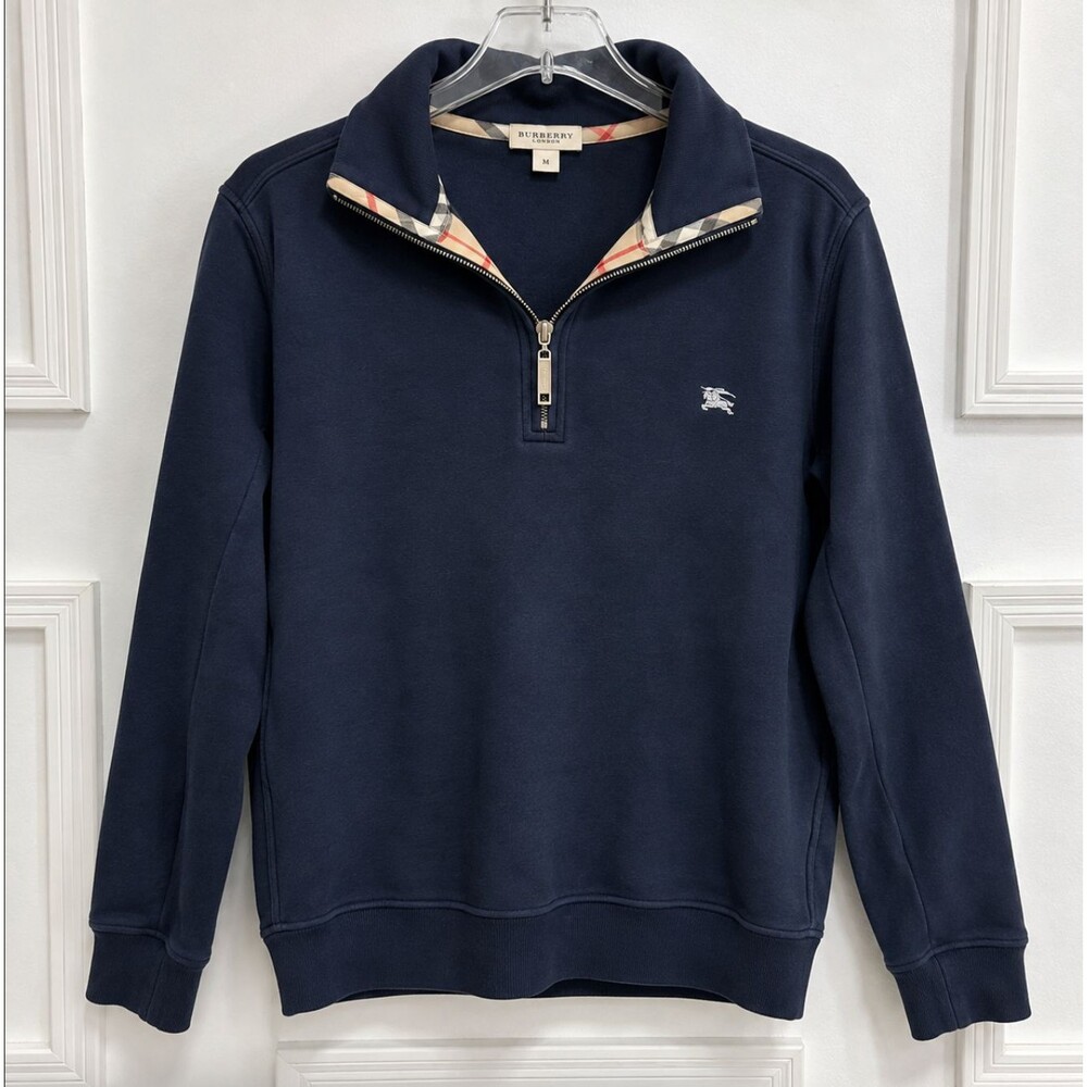 Burberry Brit Men’s M Navy Blue 1/4 Zip Polo Shirt Nova Check Pullover Top Knit